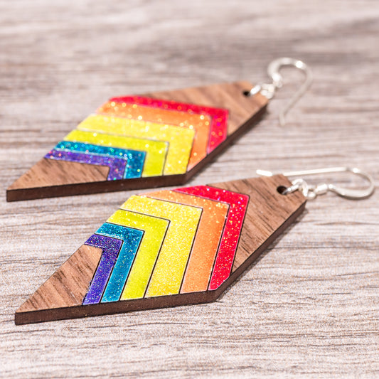 Wood Earrings - Rainbow Colored Geometric Earrings