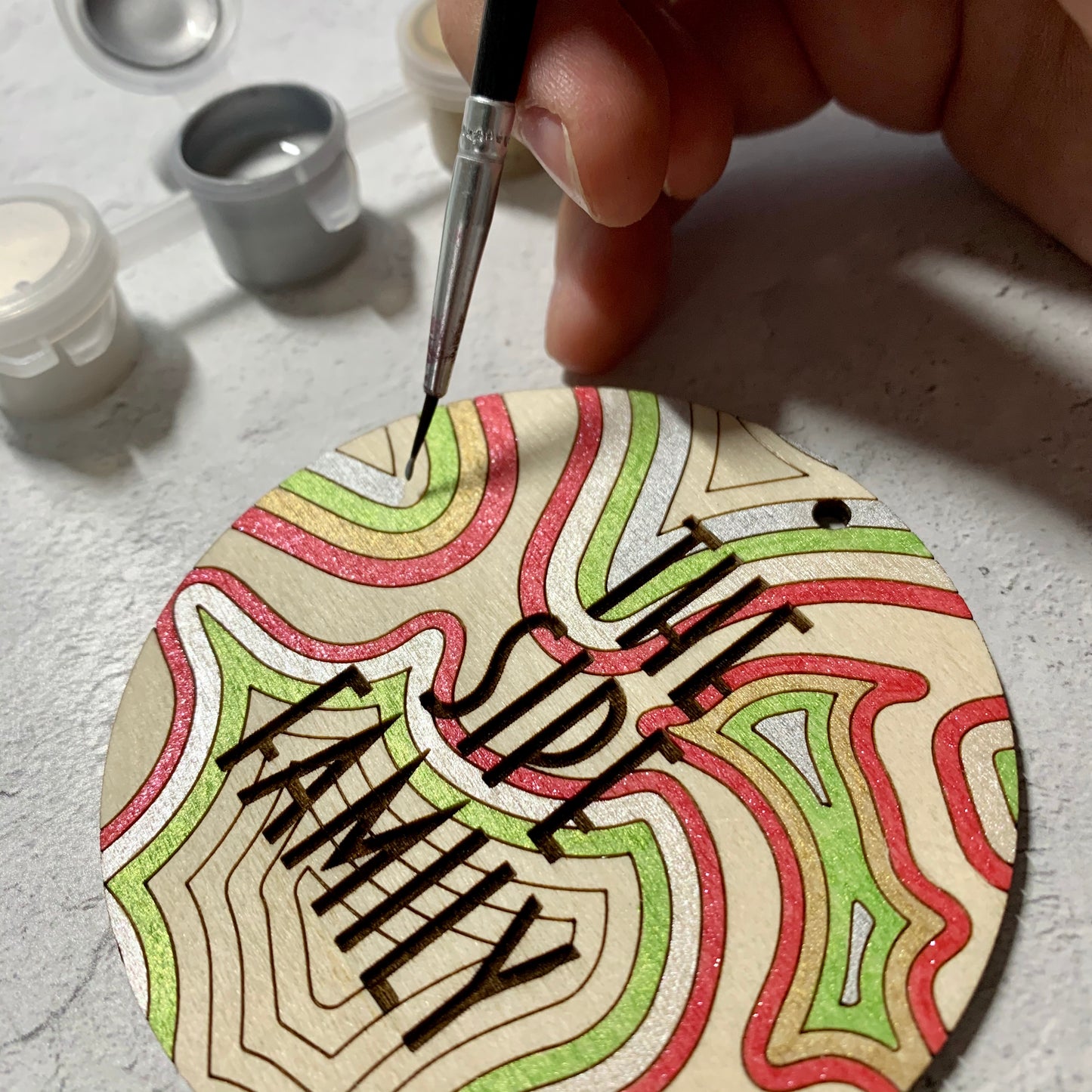 Wooden Ornament Paint Kits: Patterns Engraved and Laser Cut in Birch Plywood with 6 metallic paints included by LeeMo Designs in Bend, Oregon