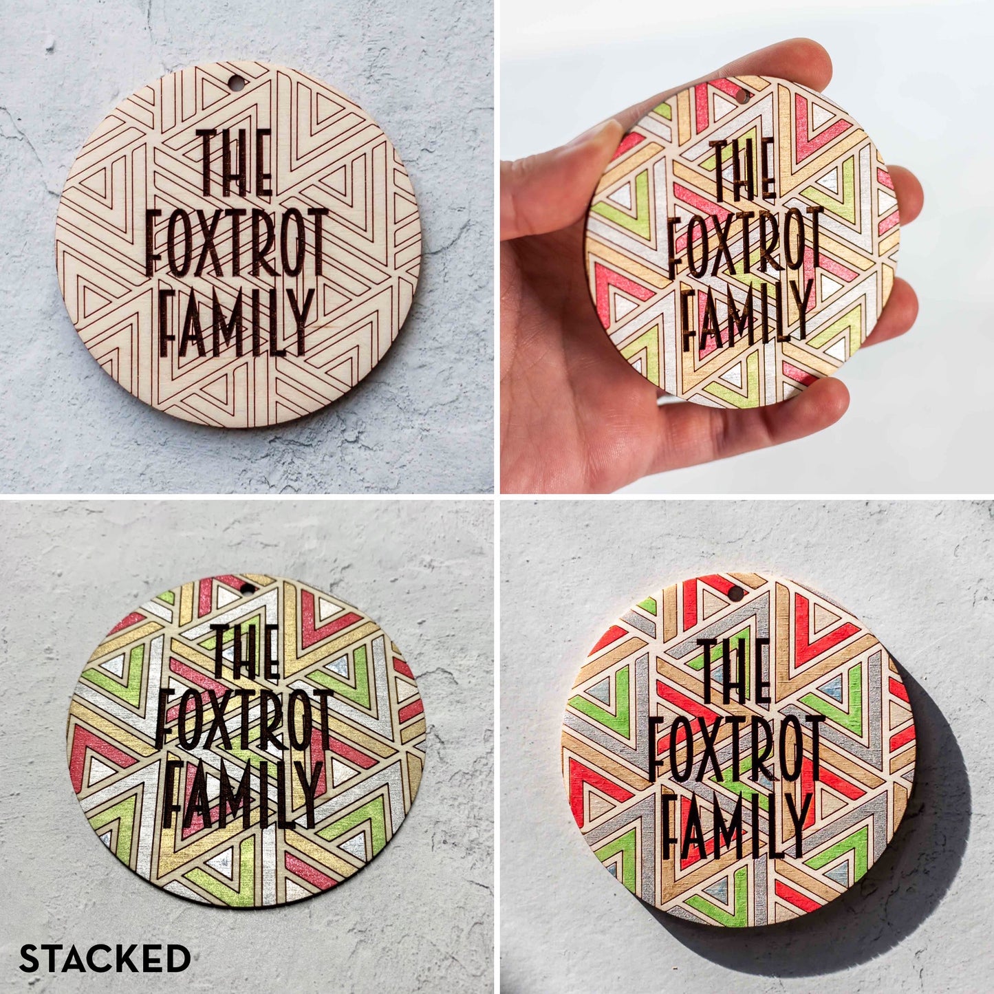 Wooden Ornament Paint Kits: Patterns Engraved and Laser Cut in Birch Plywood with 6 metallic paints included by LeeMo Designs in Bend, Oregon