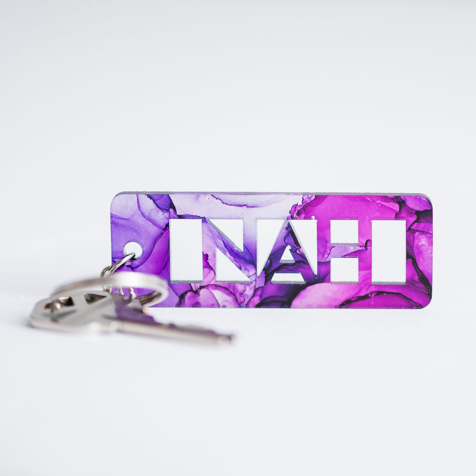 Alcohol Ink Keychains Funny - Purple Alcohol Ink Colorway Nah - Collaboration of West Meadow Creative and LeeMo Designs in Bend, Oregon