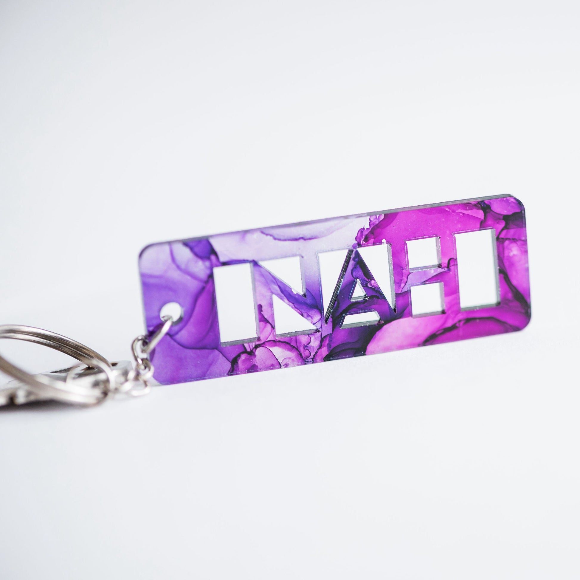 Alcohol Ink Keychains Funny - Purple Alcohol Ink Colorway Nah - Collaboration of West Meadow Creative and LeeMo Designs in Bend, Oregon