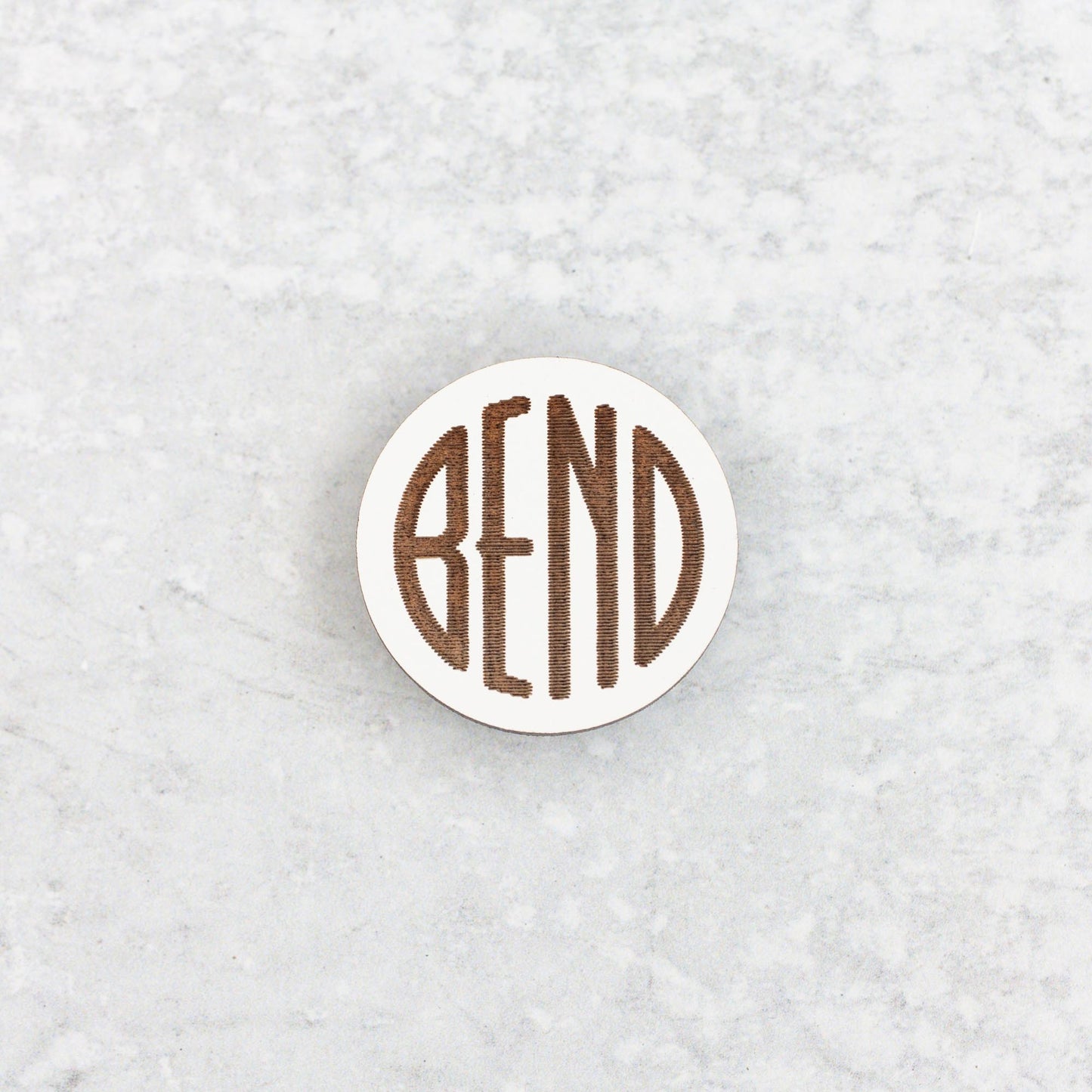 Decorative Refrigerator Magnets - Wood Magnets Bend Logo White Wood by LeeMo Designs in Bend, Oregon
