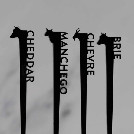 Cheese labels - laser cut black acrylic with cheese name and animal head - by LeeMo Designs in Bend, Oregon