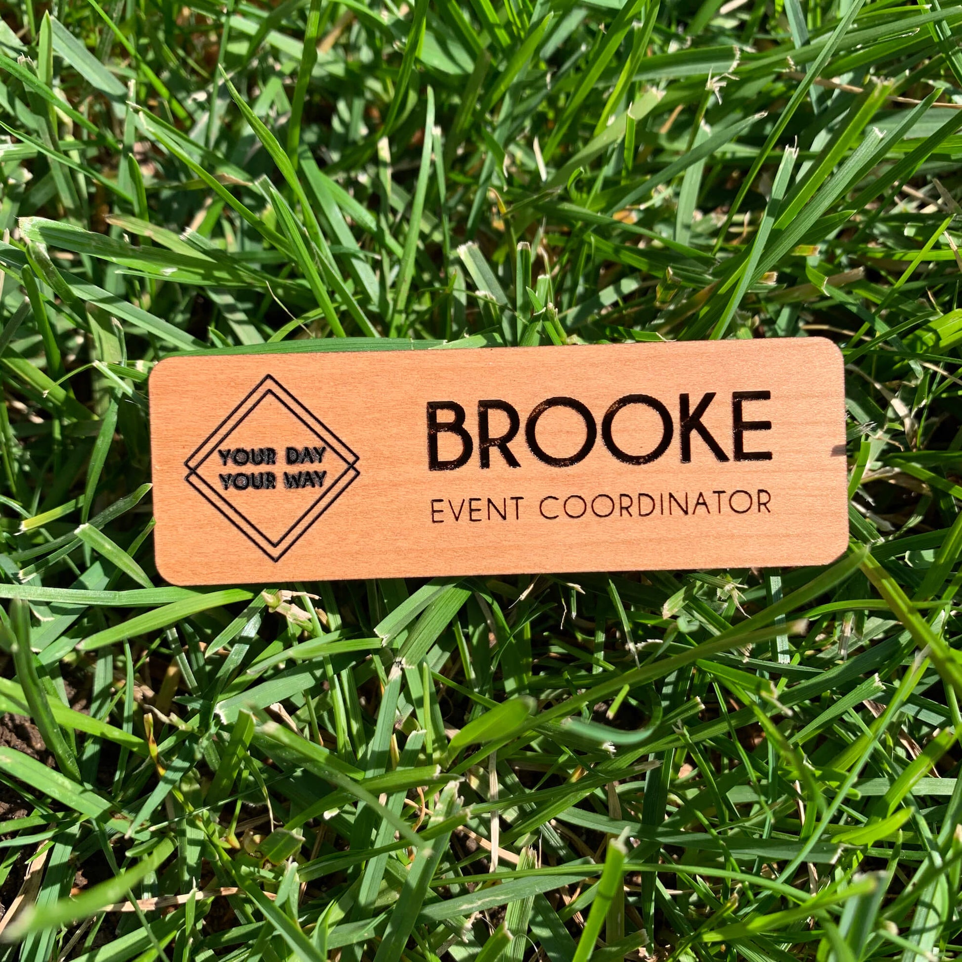 Custom Magnetic Name Tags - Laser cut and laser engraved cherry wood by LeeMo Designs in Bend, Oregon