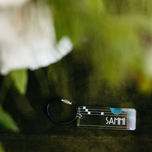 Art Deco Style Personalized Keychains with Name - Clear Acrylic, Sammi, Blue Highlights - by LeeMo Designs in Bend, Oregon