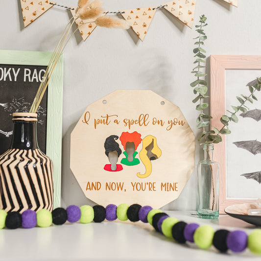 Hocus Pocus Halloween Decor Sign with Sanderson sisters - Laser Cut and Laser Engraved plywood sign hand painted by LeeMo Designs in Bend, Oregon