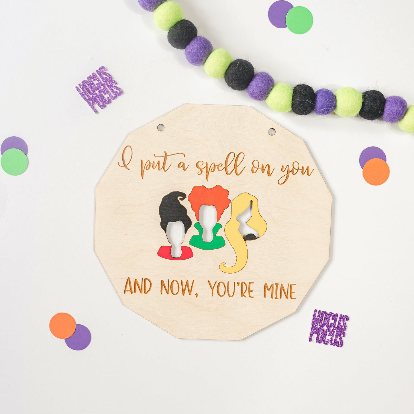 Hocus Pocus Halloween Decor Sign with Sanderson sisters - Laser Cut and Laser Engraved plywood sign hand painted by LeeMo Designs in Bend, Oregon