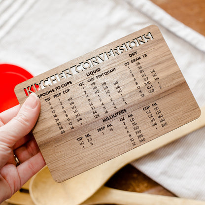 kitchen conversions chart - laser cut and laser engraved walnut wood - by LeeMo Designs in Bend, Oregon
