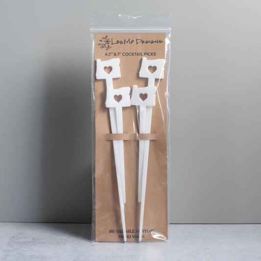 Cocktail Picks - Oregon Love Set of 4 - white laser cut acrylic - by LeeMo Designs in Bend, Oregon