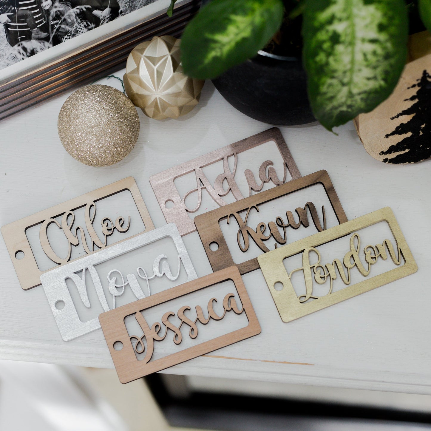Personalized Wooden Stocking Tags, Script Font - Laser Cut Wood - "Chloe, Nova, Jessica, Adia, Kevin, London" - by LeeMo Designs in Bend, Oregon
