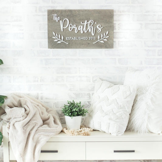 personalized wood sign custom - gray stain with white lettering the porath's established 2013 - by LeeMo Designs in Bend Oregon