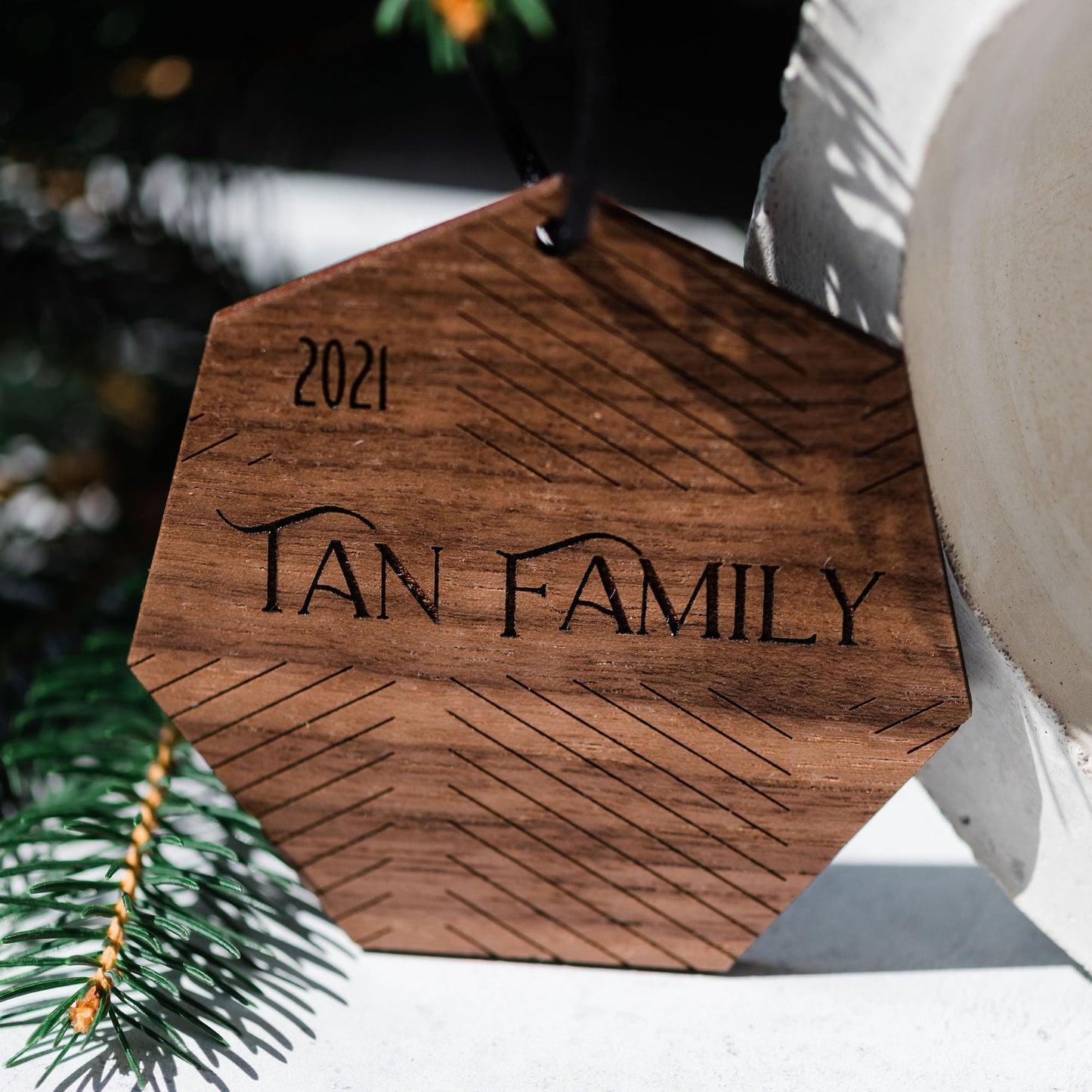 Custom Wood Ornaments: Heptagon Lines - Laser Cut and Laser Engraved Walnut Wood by LeeMo Designs in Bend, Oregon