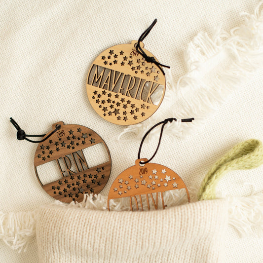 Custom Wood Ornaments: Star Design - Laser Cut and Laser Engraved Wood by LeeMo Designs in Bend, Oregon