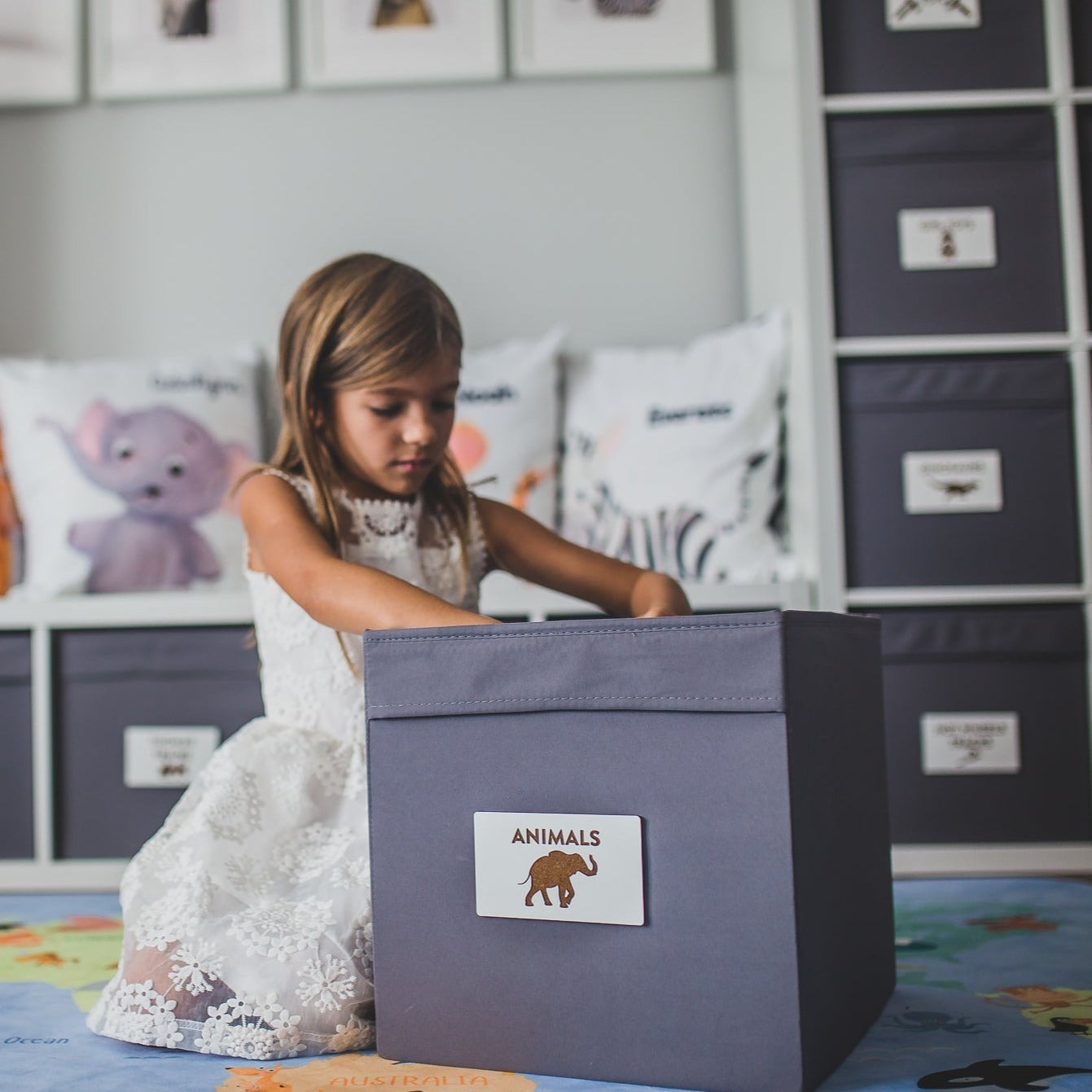 customizable toy bin labels - white MDF - animals - by LeeMo Designs in Bend Oregon