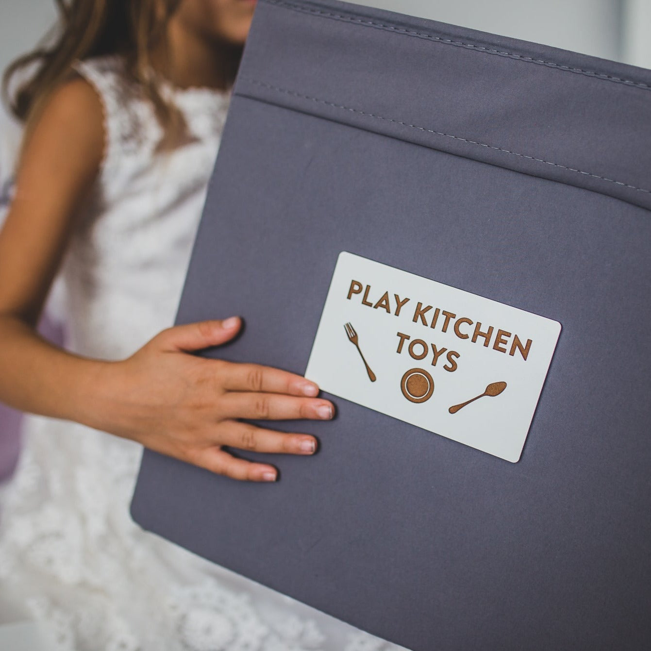 customizable toy bin labels - white MDF - play kitchen toys - by LeeMo Designs in Bend Oregon
