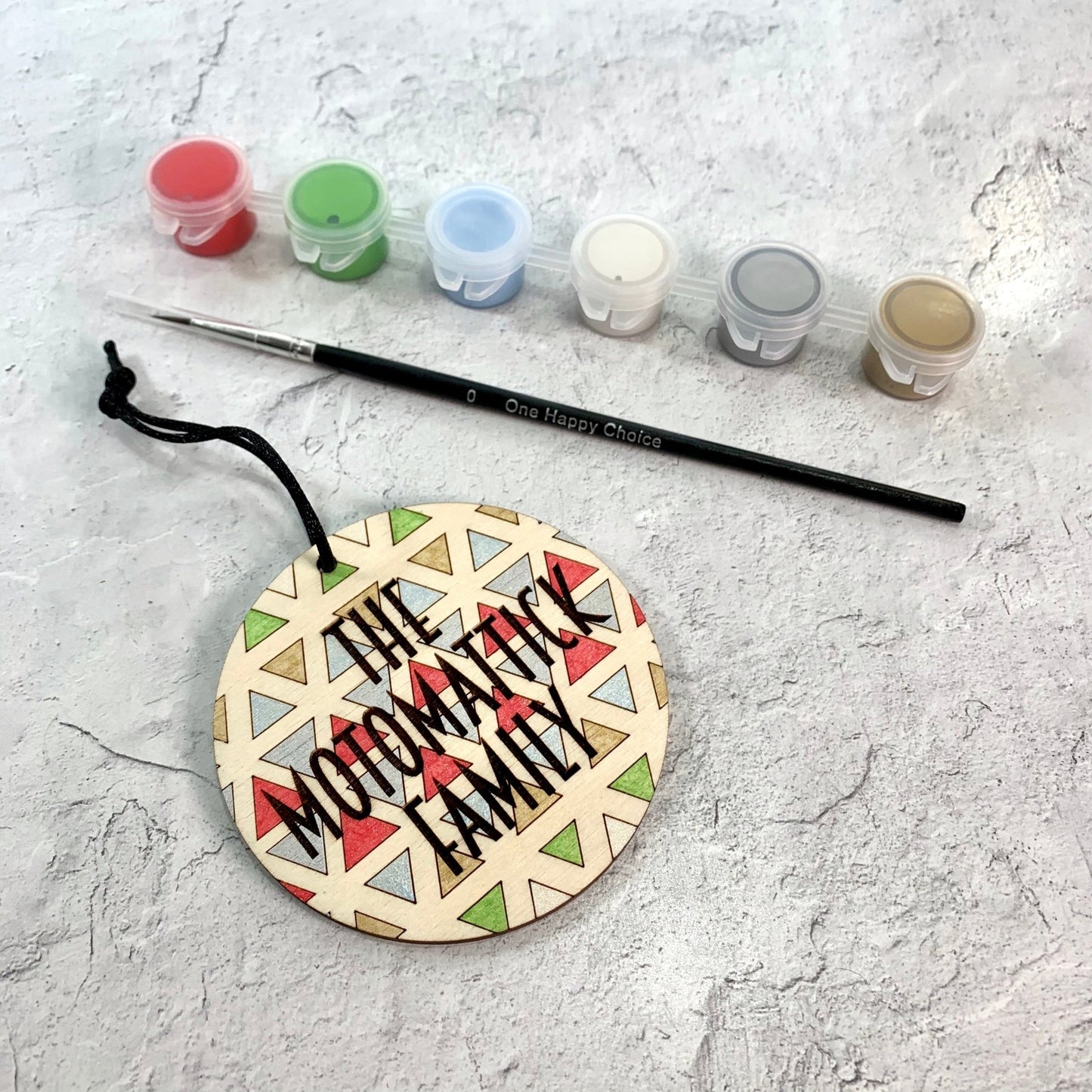 Wooden Ornament Paint Kits: Patterns Engraved and Laser Cut in Birch Plywood with 6 metallic paints included by LeeMo Designs in Bend, Oregon