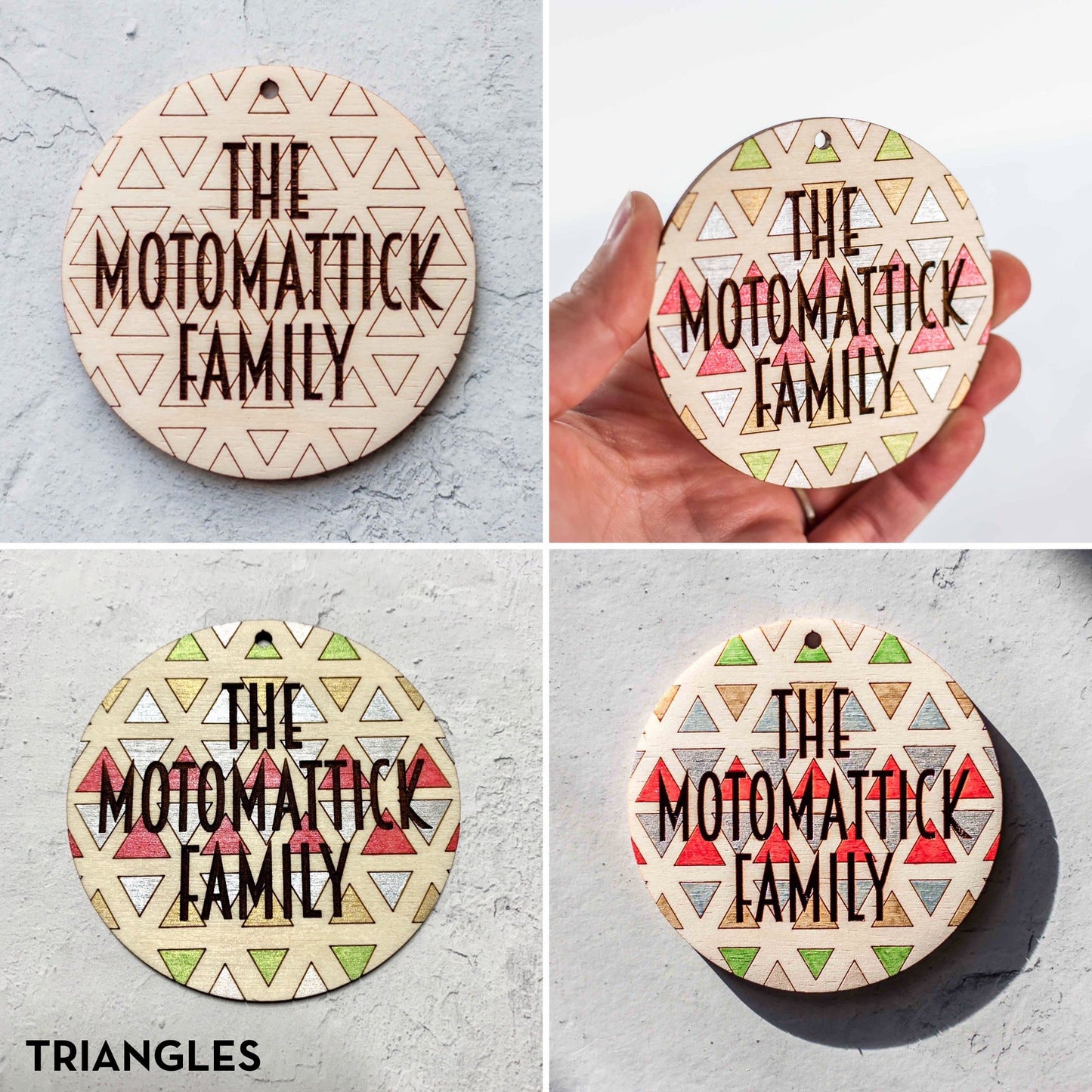 Wooden Ornament Paint Kits: Patterns Engraved and Laser Cut in Birch Plywood with 6 metallic paints included by LeeMo Designs in Bend, Oregon