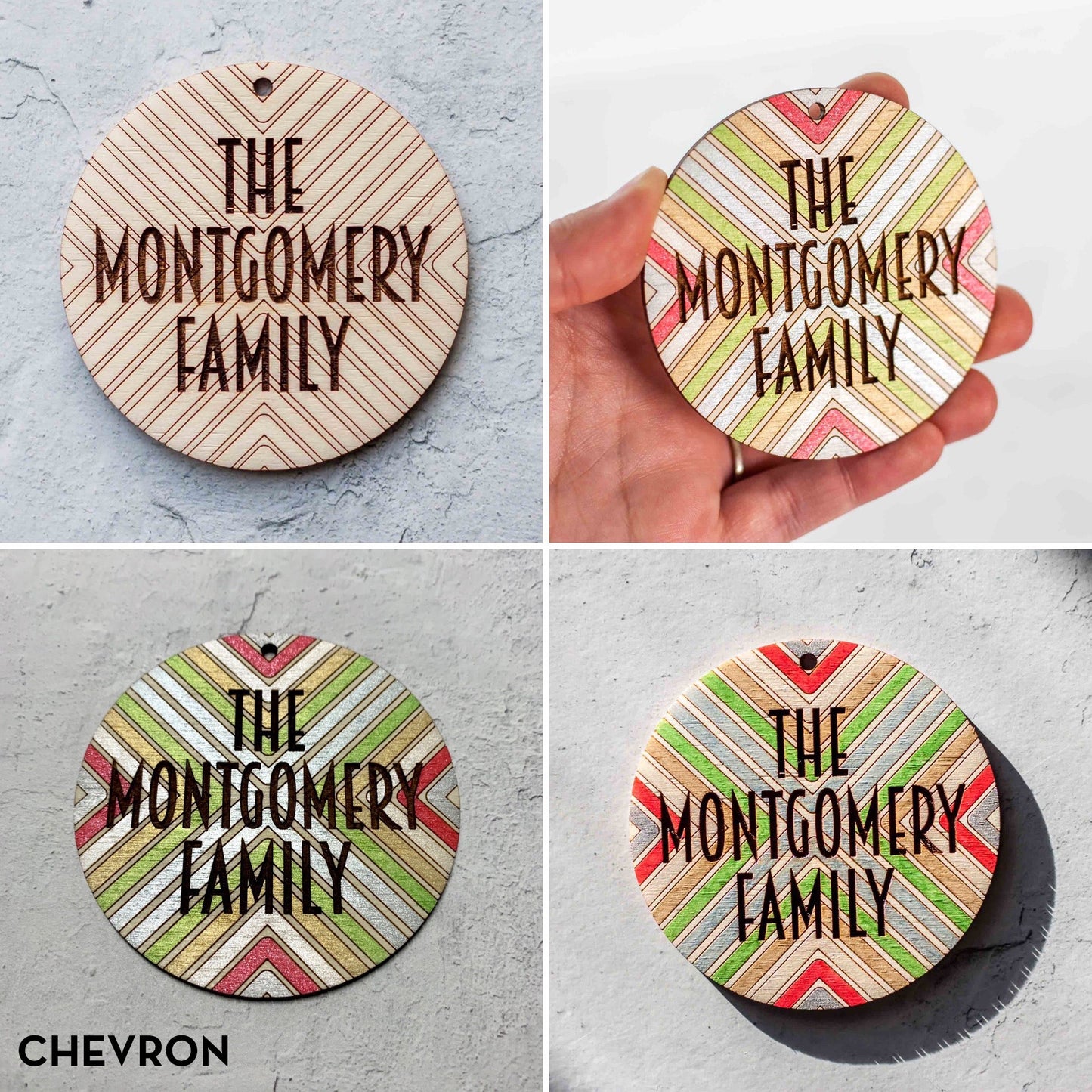 Wooden Ornament Paint Kits: Patterns Engraved and Laser Cut in Birch Plywood with 6 metallic paints included by LeeMo Designs in Bend, Oregon