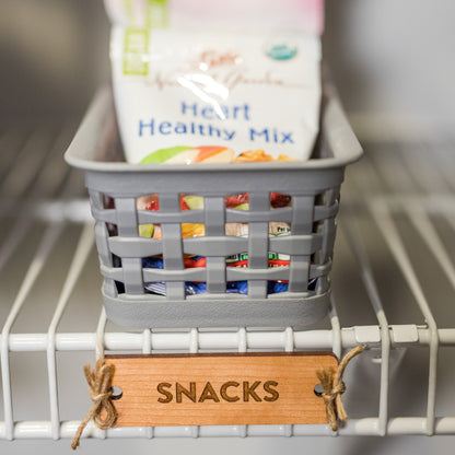 Tie-On Labels for Closet Organization - Cherry Wood Snacks clean font on ventilated wire shelving - by LeeMo Designs in Bend, Oregon