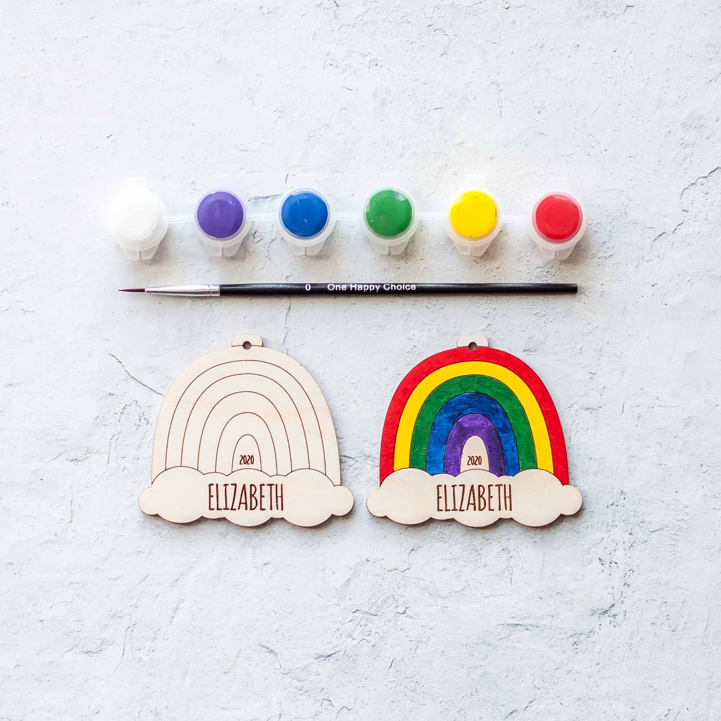 Wooden Ornament Paint Kits: Rainbows Engraved and Laser Cut in Birch Plywood with 6 primary paint colors included by LeeMo Designs in Bend, Oregon