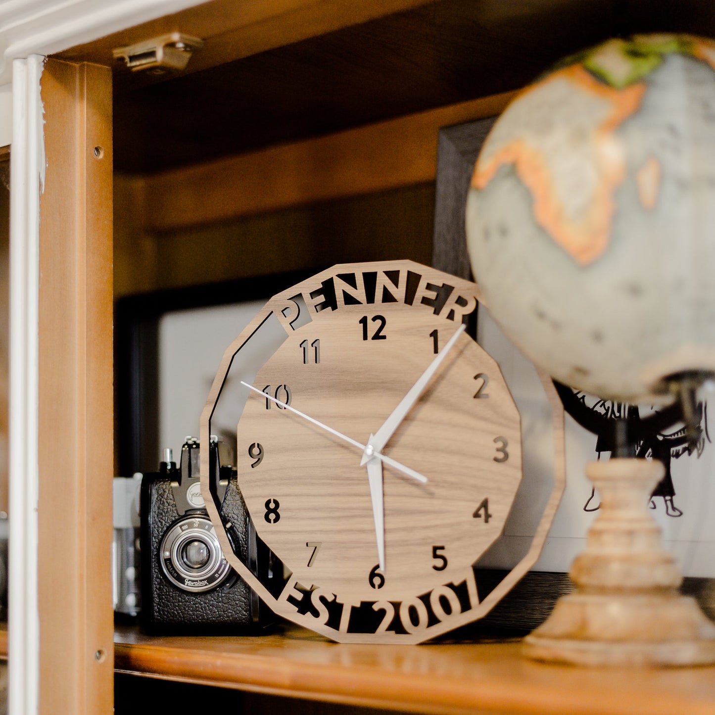 Personalized Wood Wall Clock - personalized clock for anniversary in walnut wood - by LeeMo Designs in Bend, Oregon