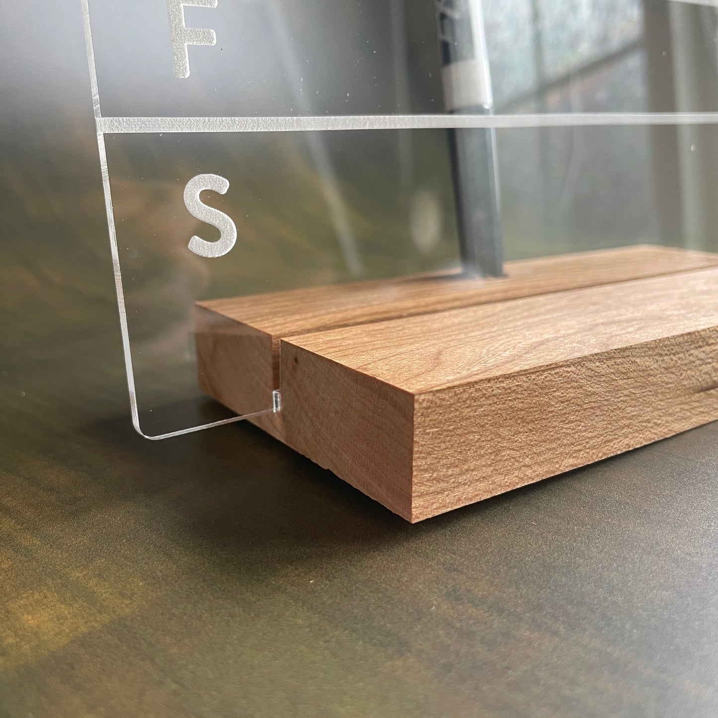 Dry-Erase Weekly Calendar - laser cut and laser engraved clear acrylic with solid wood base - by LeeMo Designs in Bend, Oregon