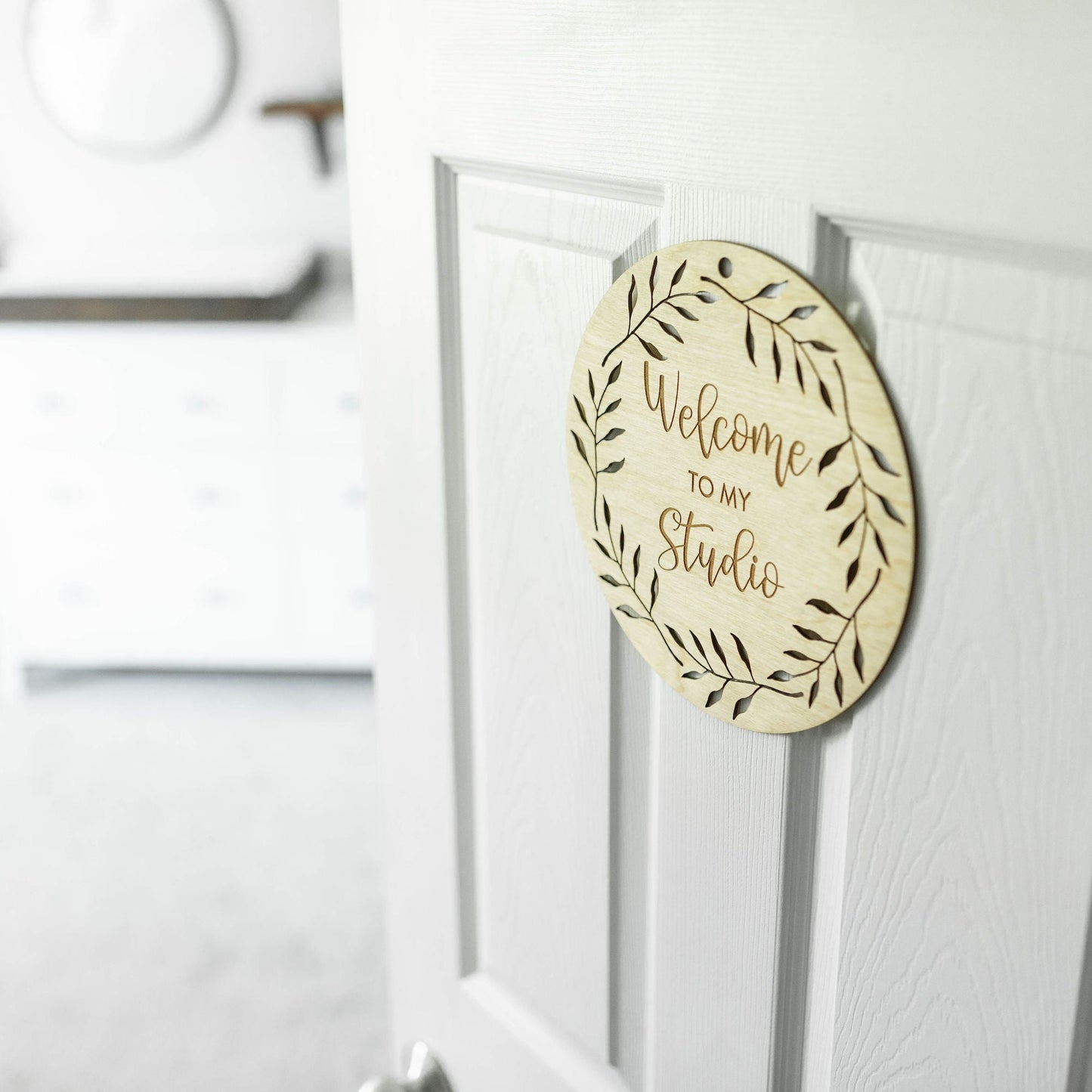 Welcome To My Studio birch plywood laser cut and laser engraved sign by LeeMo Designs in Bend Oregon