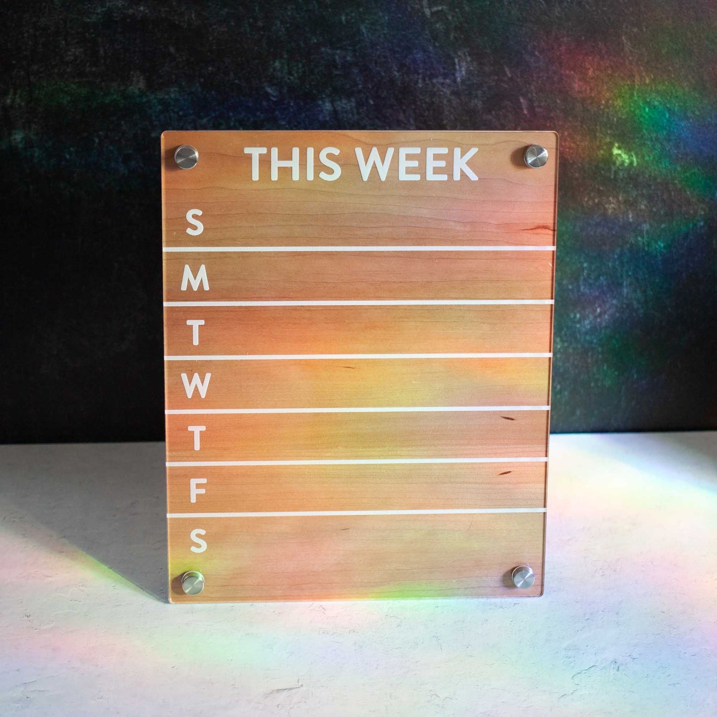 Dry-Erase Weekly Calendar - laser cut and laser engraved clear acrylic with wood backing and offset hardware - by LeeMo Designs in Bend, Oregon