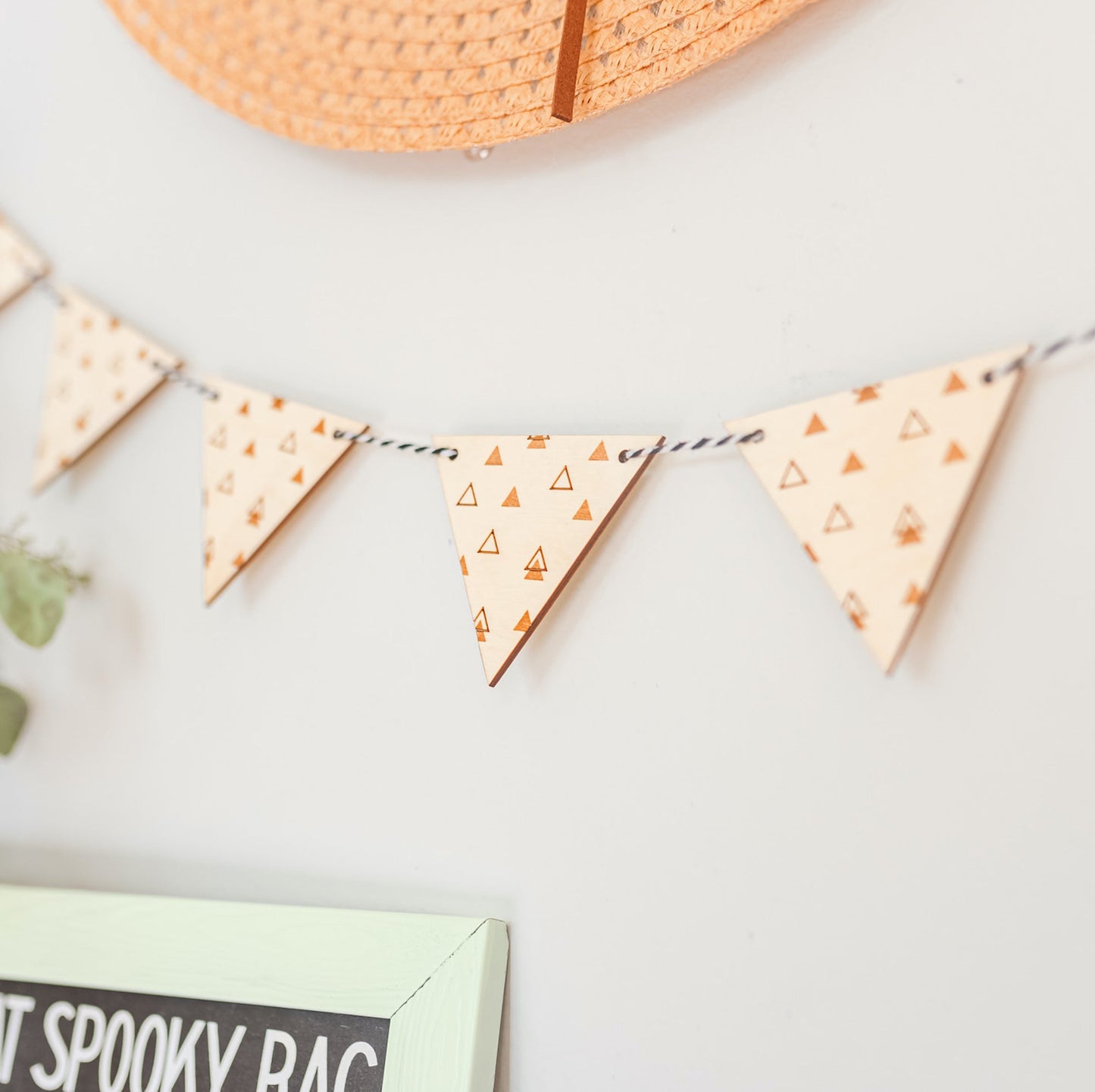 Wood Garland - triangle design laser cut and laser engraved in birch wood by LeeMo Designs in Bend, Oregon