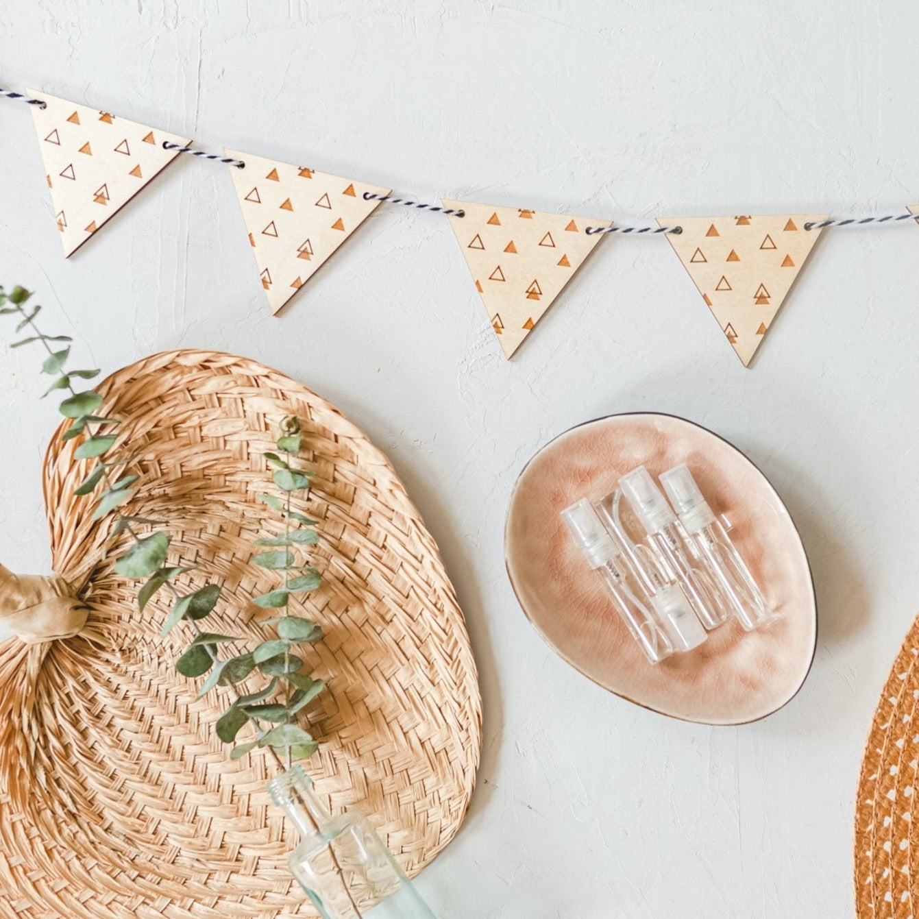 Wood Garland - triangle design laser cut and laser engraved in birch wood by LeeMo Designs in Bend, Oregon