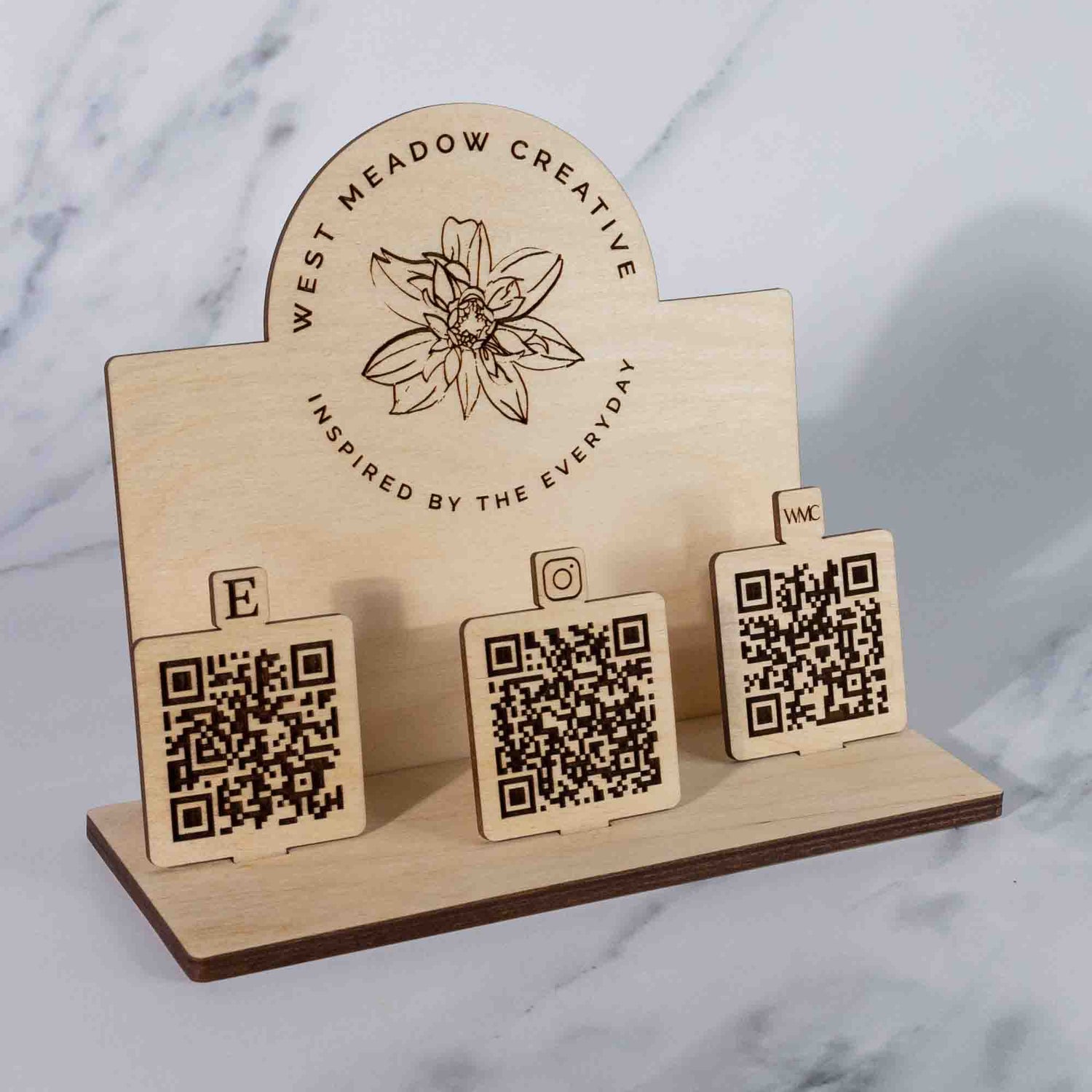 QR Code Sign Flat Pack Design for West Meadow Creative with Etsy, Instagram, and Website links and business card stand by LeeMo Designs in Bend Oregon