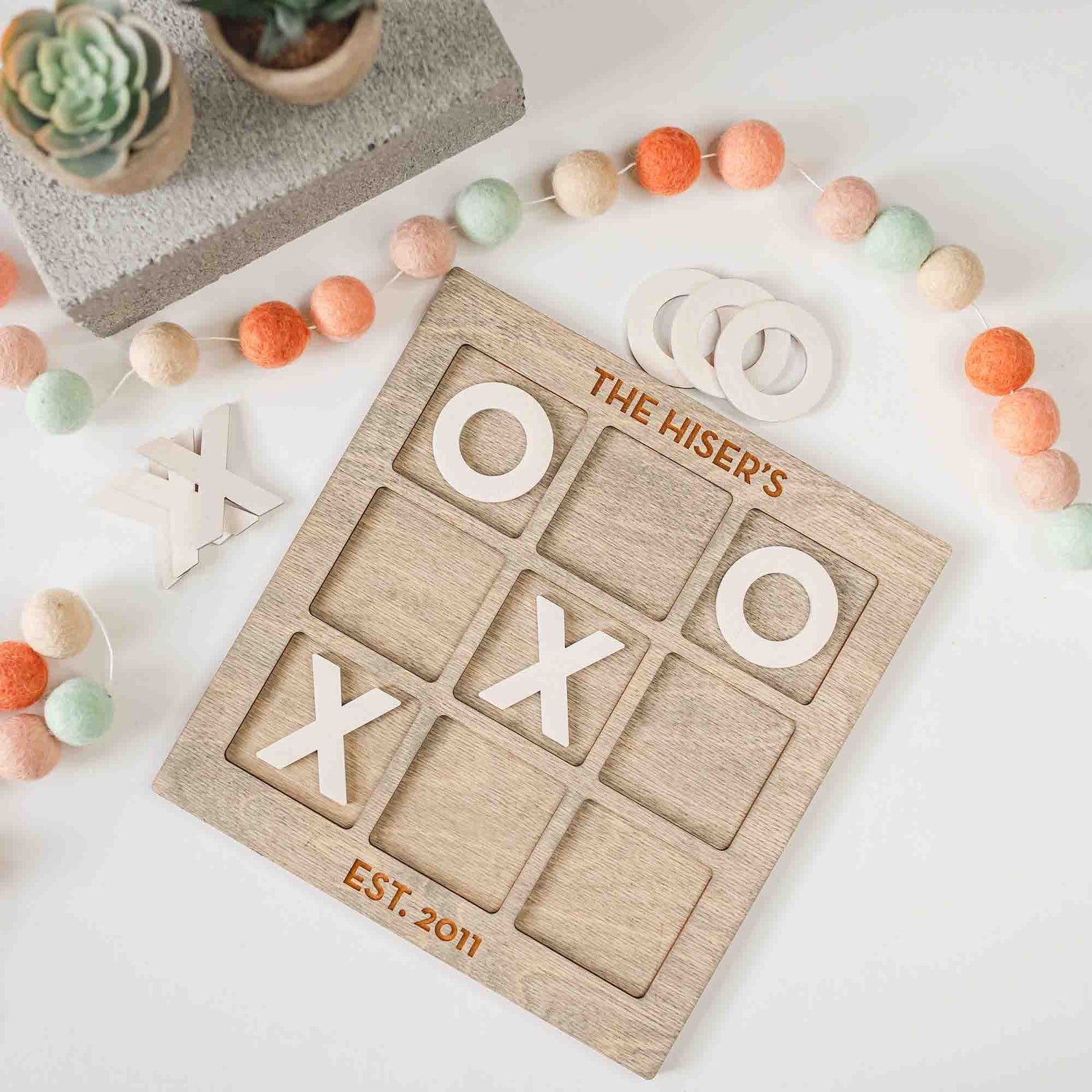Wooden Tic Tac Toe Board with gray stain and white XO's Laser cut and Laser Engraved by LeeMo Designs in Bend, Oregon