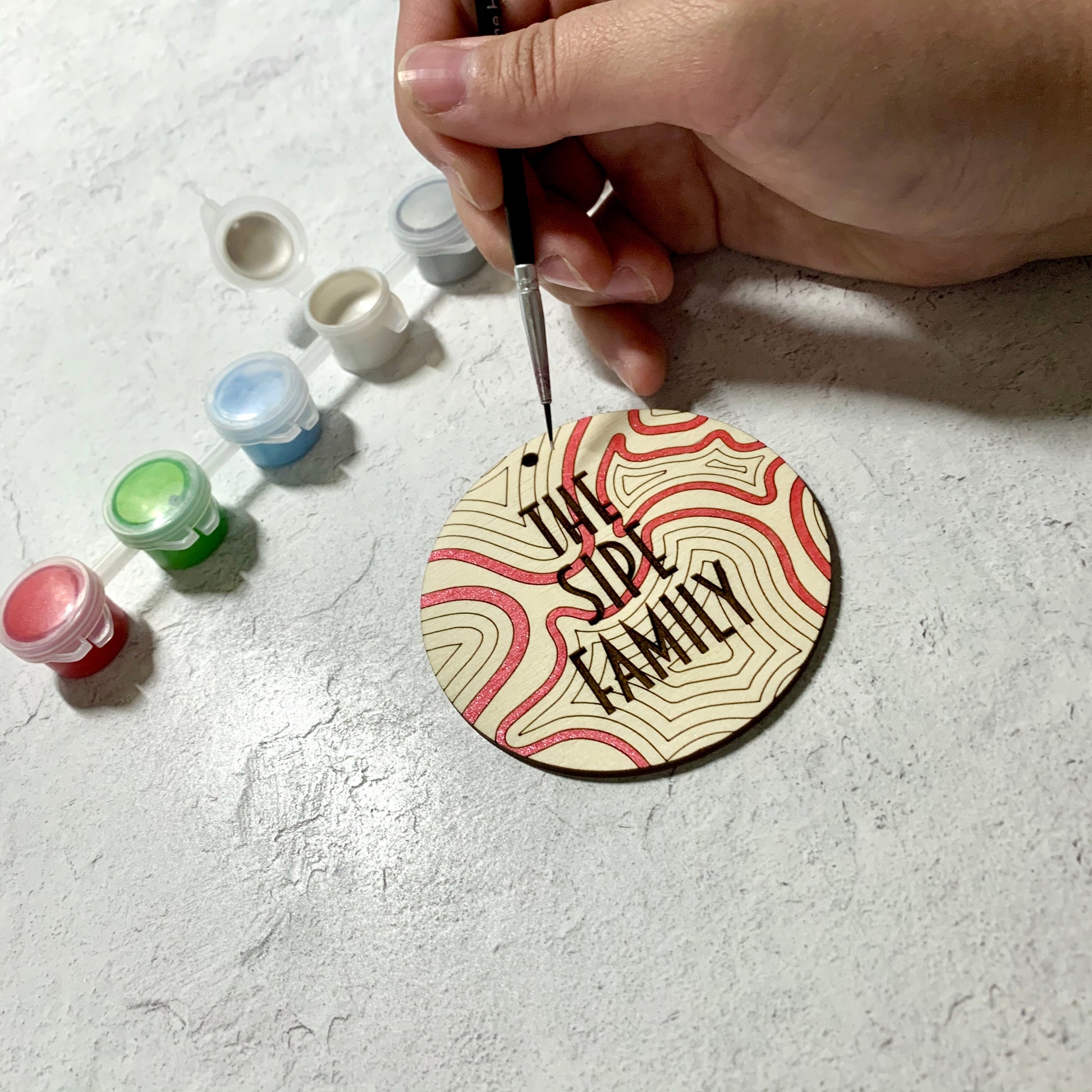 Wooden Ornament Paint Kits: Patterns Engraved and Laser Cut in Birch Plywood with 6 metallic paints included by LeeMo Designs in Bend, Oregon