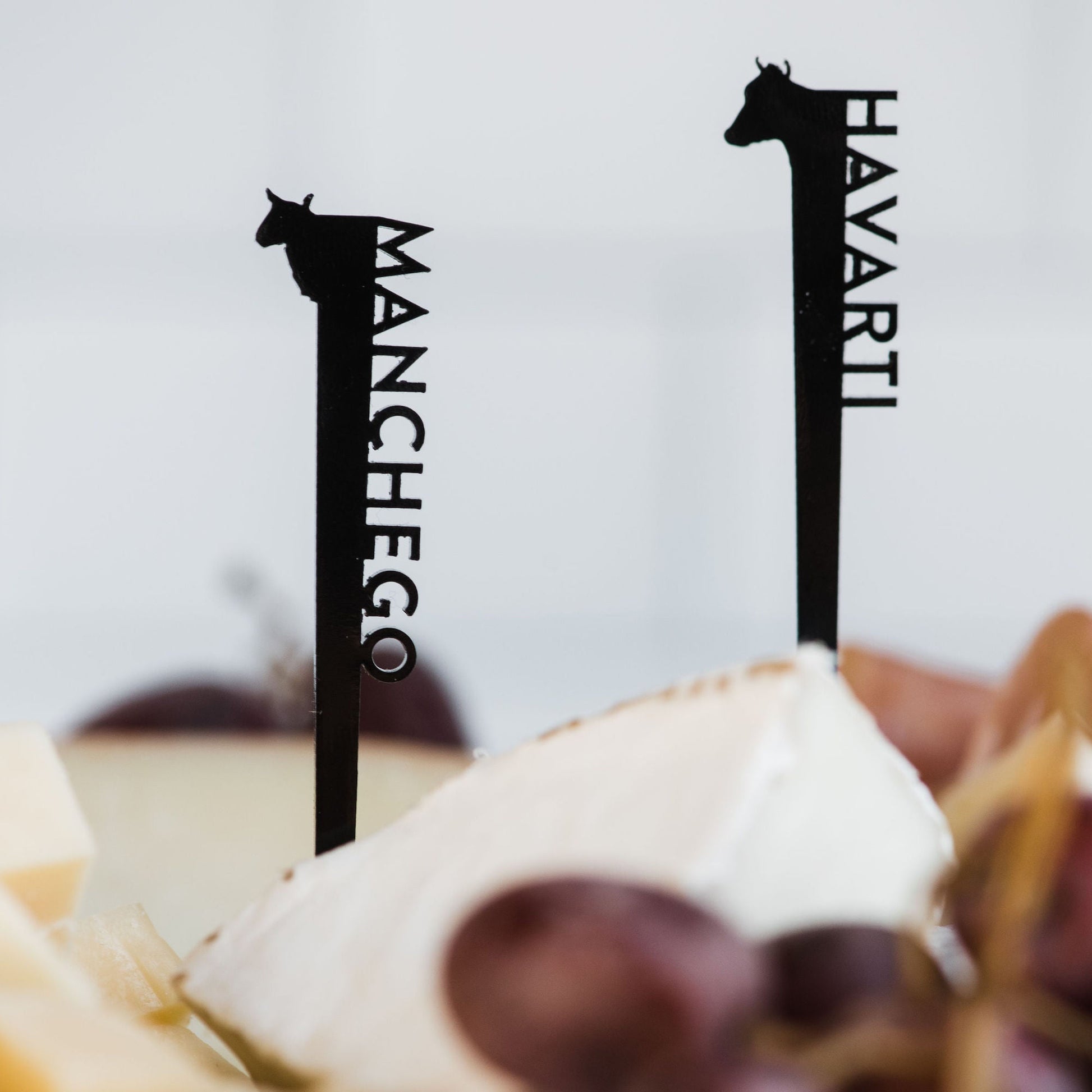 Cheese labels - laser cut black acrylic with cheese name and animal head - by LeeMo Designs in Bend, Oregon