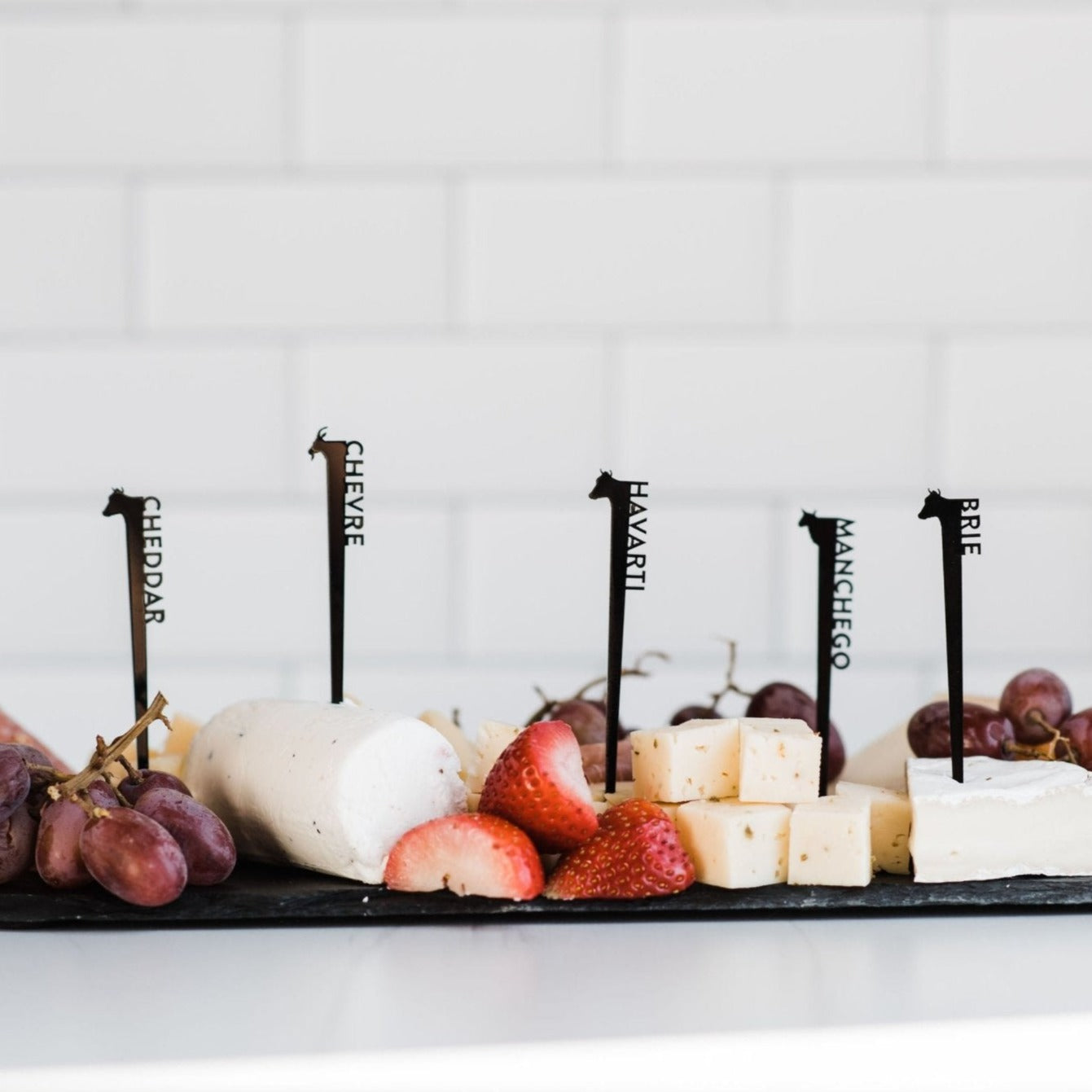 Cheese labels - laser cut black acrylic with cheese name and animal head - by LeeMo Designs in Bend, Oregon