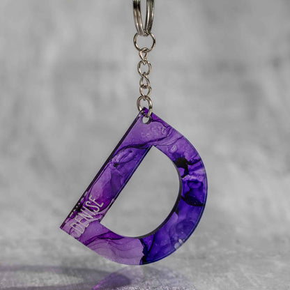 Alcohol Ink Personalized Keychains - Purple Alcohol Ink Colorway Letter D - Collaboration of West Meadow Creative and LeeMo Designs in Bend, Oregon
