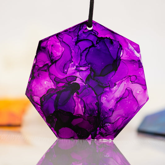 Alcohol Ink Heptagon Ornament in purple - A collaboration between West Meadow Creative and LeeMo Designs in Bend, Oregon