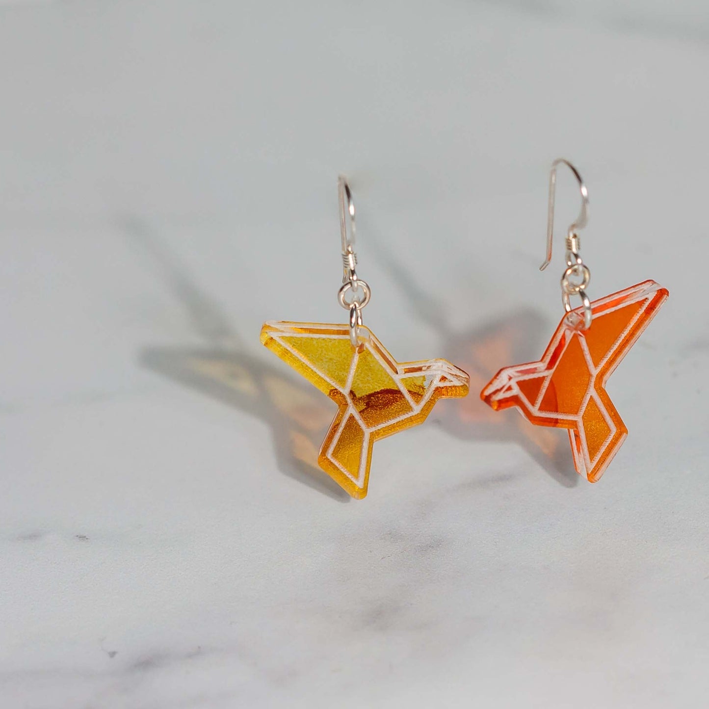 Acrylic Earrings - Orange Alcohol Ink Geometric Cranes - by LeeMo Designs in Bend, Oregon