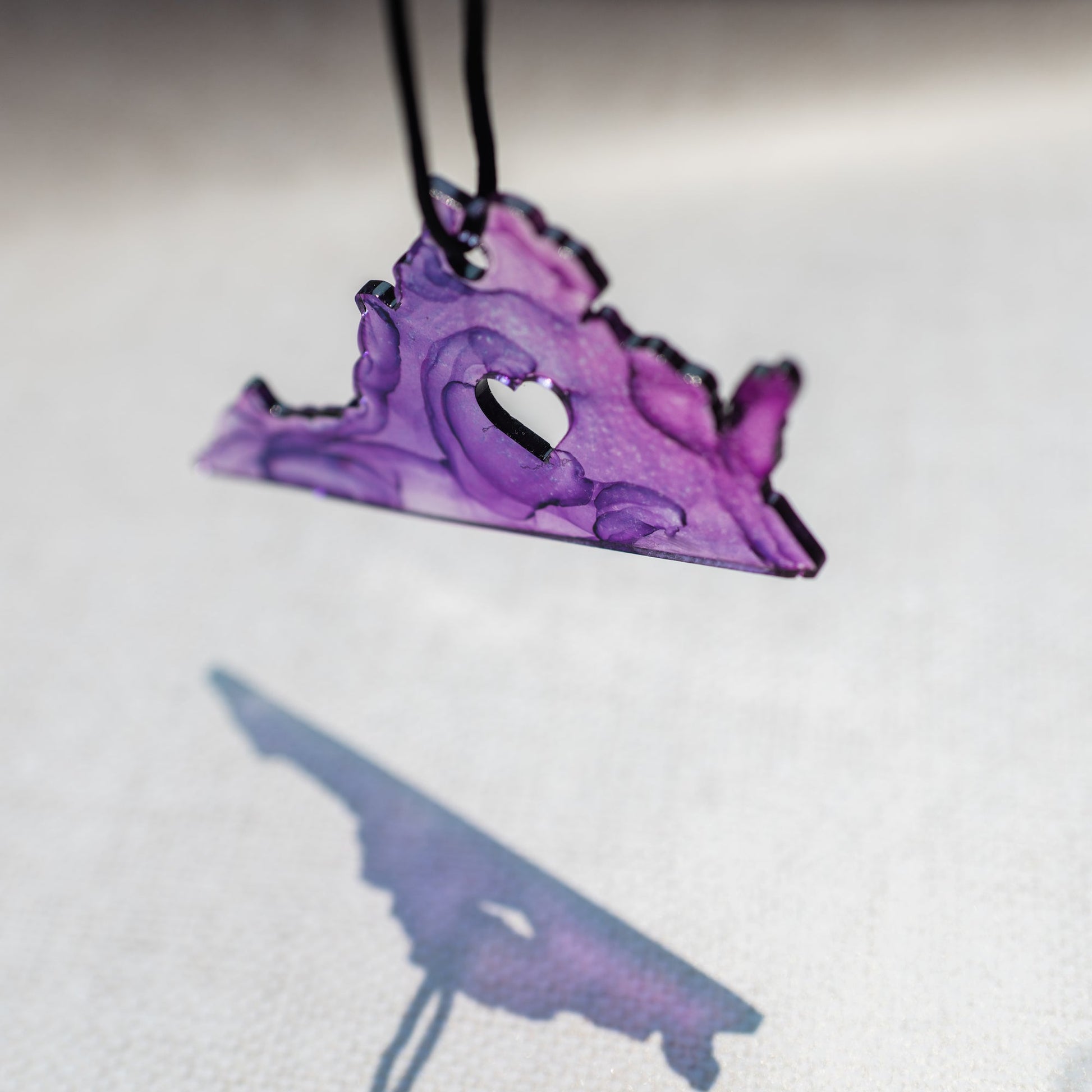 Alcohol Ink West Virginia State Ornament in purple - A collaboration between West Meadow Creative and LeeMo Designs in Bend, Oregon