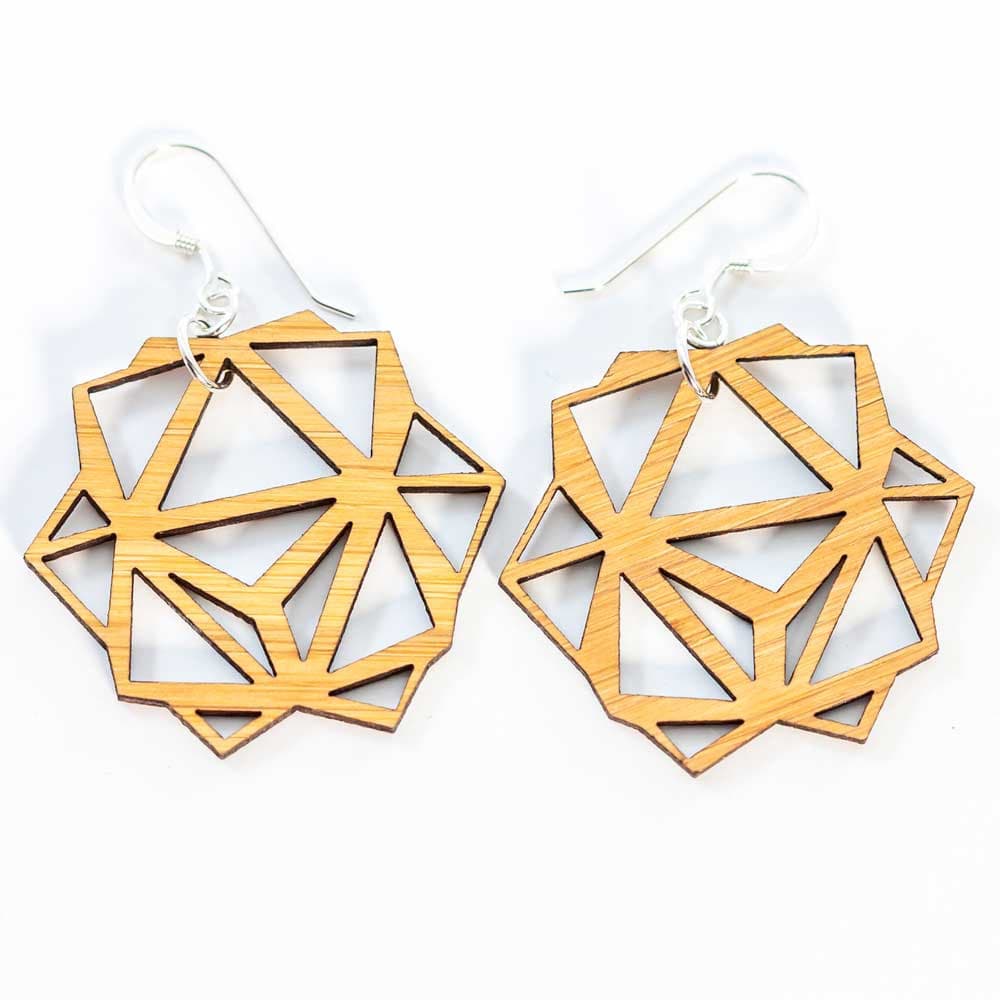 Bamboo Oridama Earrings - wooden laser cut earrings - by LeeMo Designs in Bend, Oregon