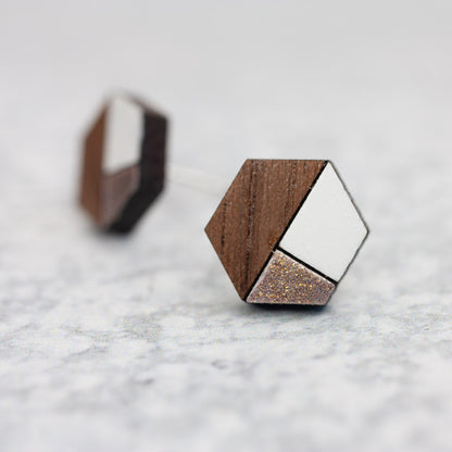 Wooden Laser Cut Earrings - Walnut with Gold and White Bauhaus Hexagon - by LeeMo Designs in Bend, Oregon
