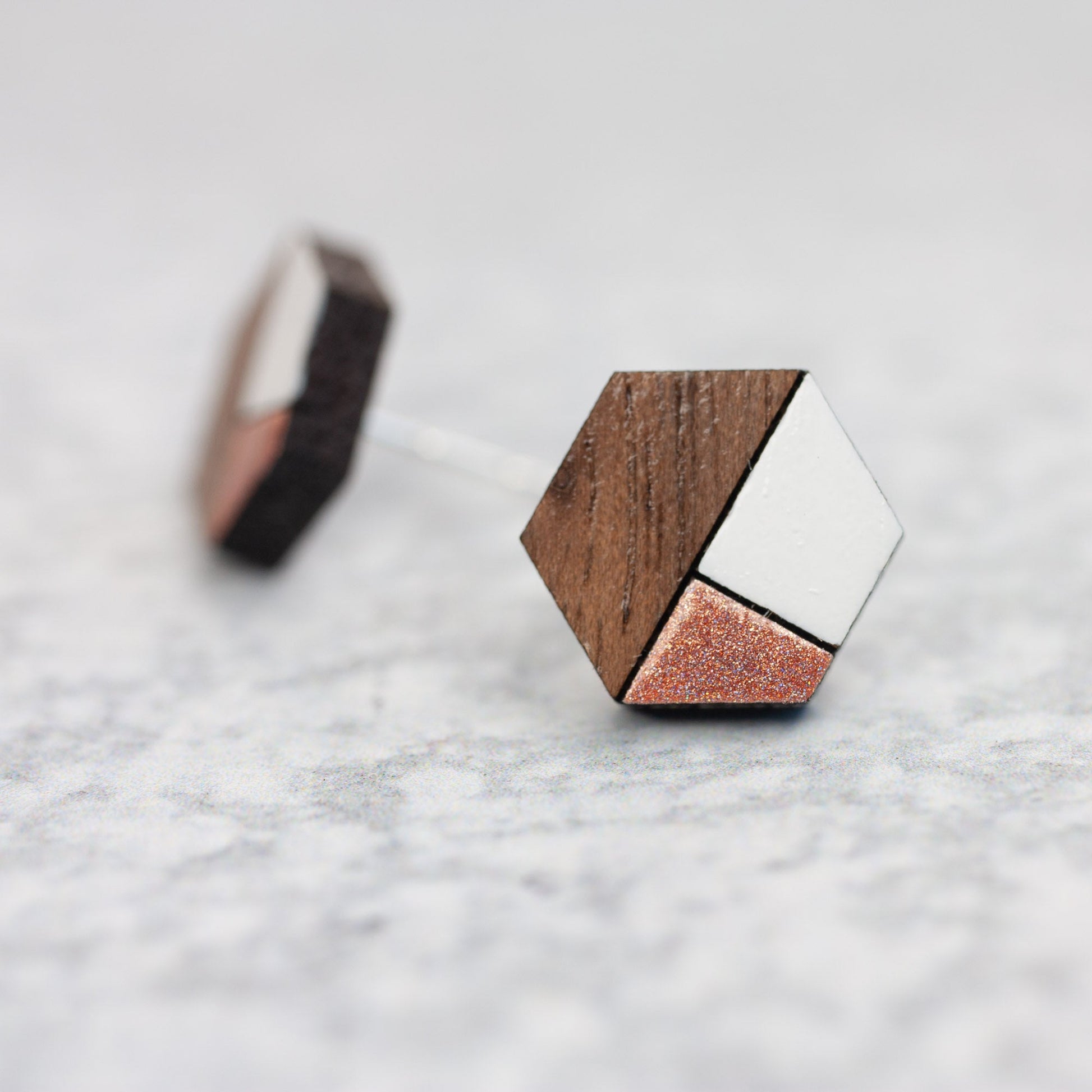 Wooden Laser Cut Earrings - Walnut with Rose Gold and White Bauhaus Hexagon - by LeeMo Designs in Bend, Oregon