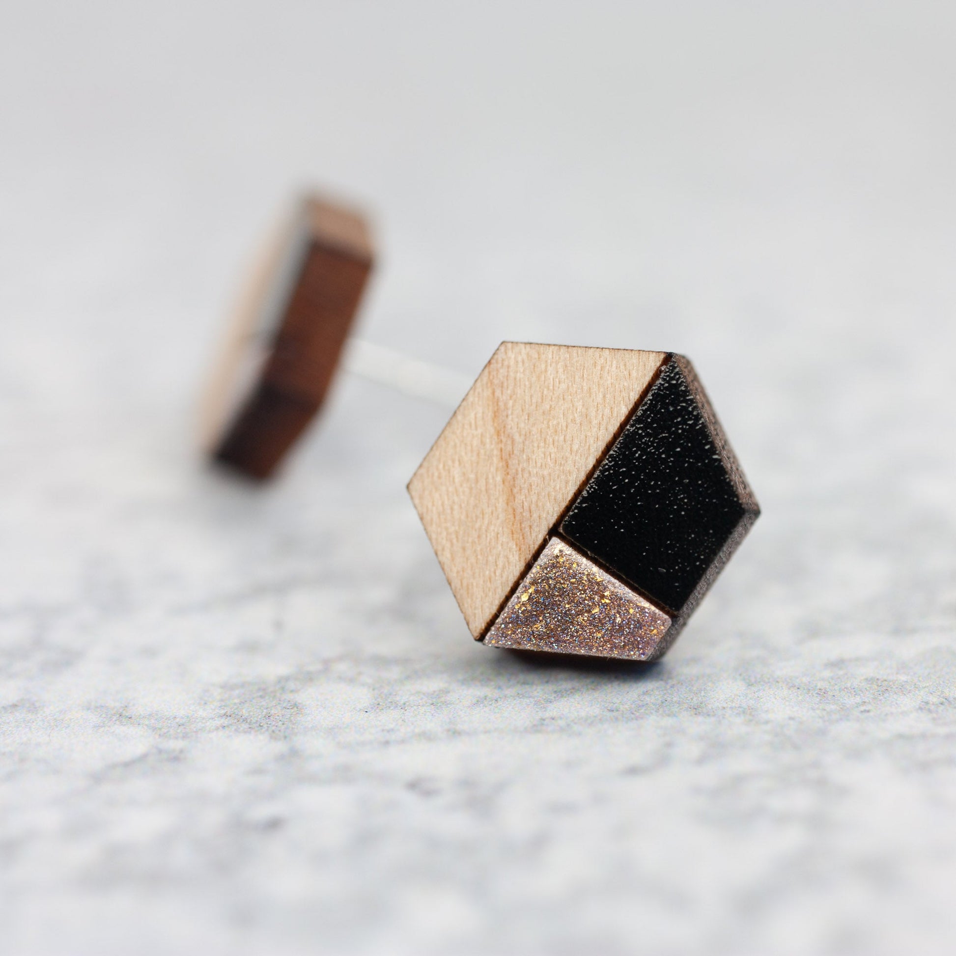 Wooden Laser Cut Earrings - Maple with Gold and Black Bauhaus Hexagon - by LeeMo Designs in Bend, Oregon