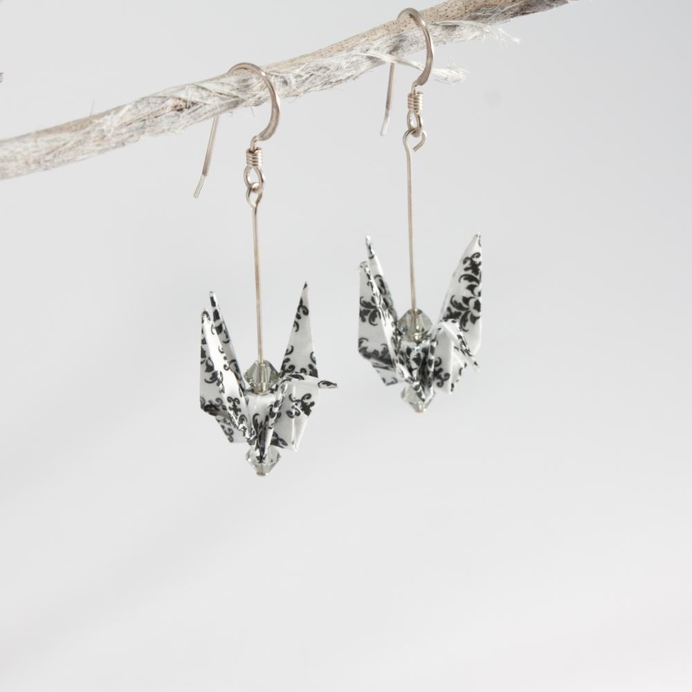 Paper Crane Earrings - Black and White - by LeeMo Designs in Bend, Oregon