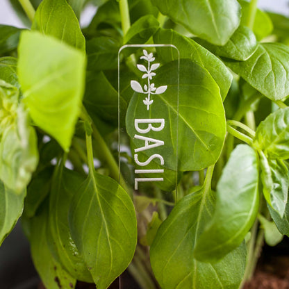 Herb Garden Marker Laser Cut Clear Acrylic Basil Image Icon by LeeMo Designs in Bend, OR