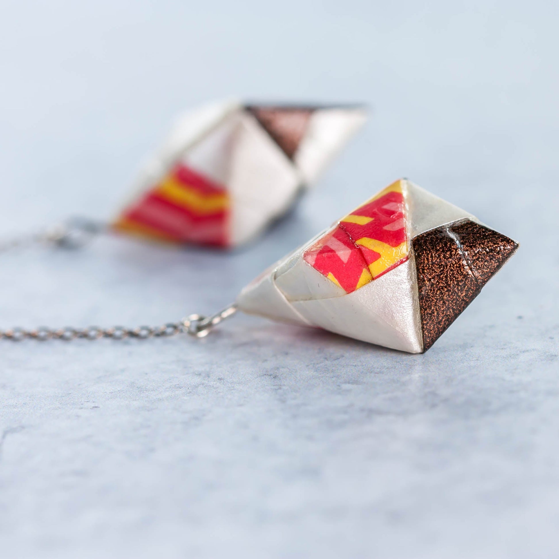 Origami Diamond Paper Earrings - Copper Pink Yellow White - By LeeMo Designs in Bend, Oregon