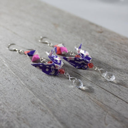 Paper Crane Origami Diamond Earrings - Purple Pink White - By LeeMo Designs in Bend, Oregon