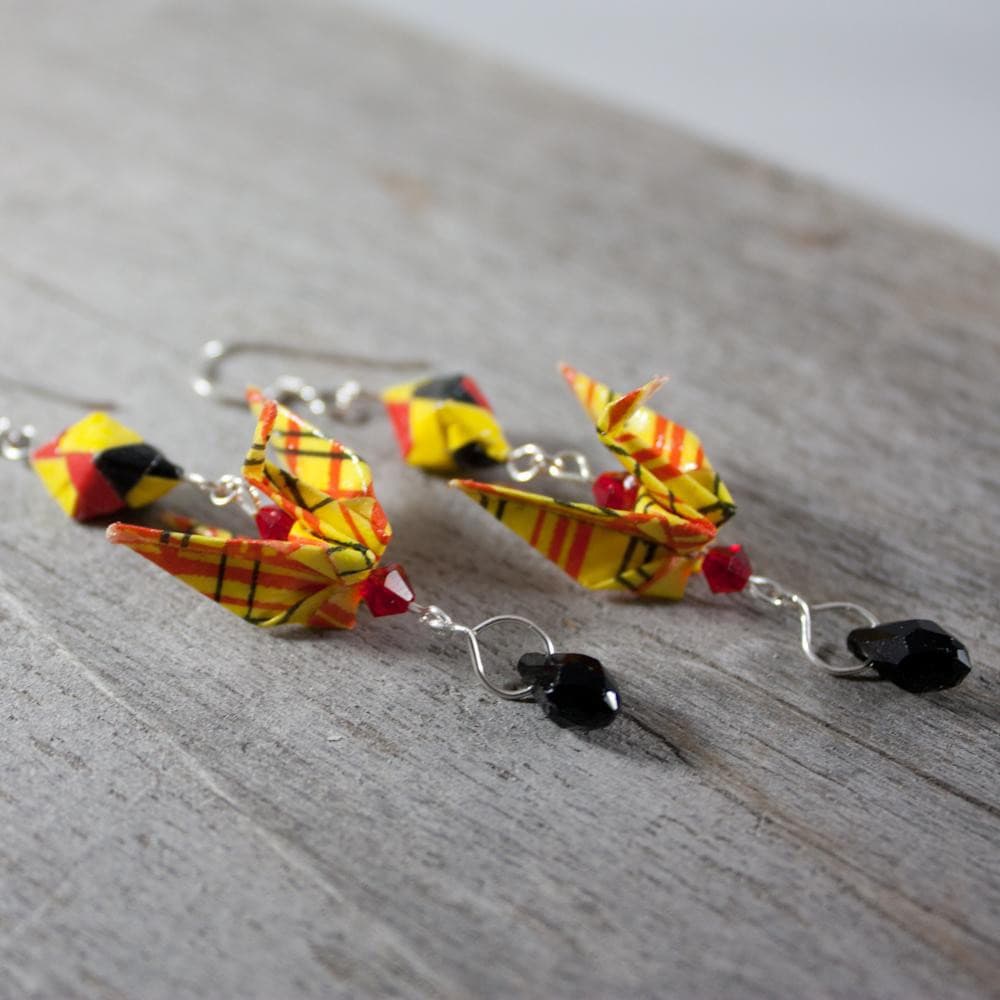 Paper Crane Origami Diamond Earrings - Yellow Red Black - By LeeMo Designs in Bend, Oregon
