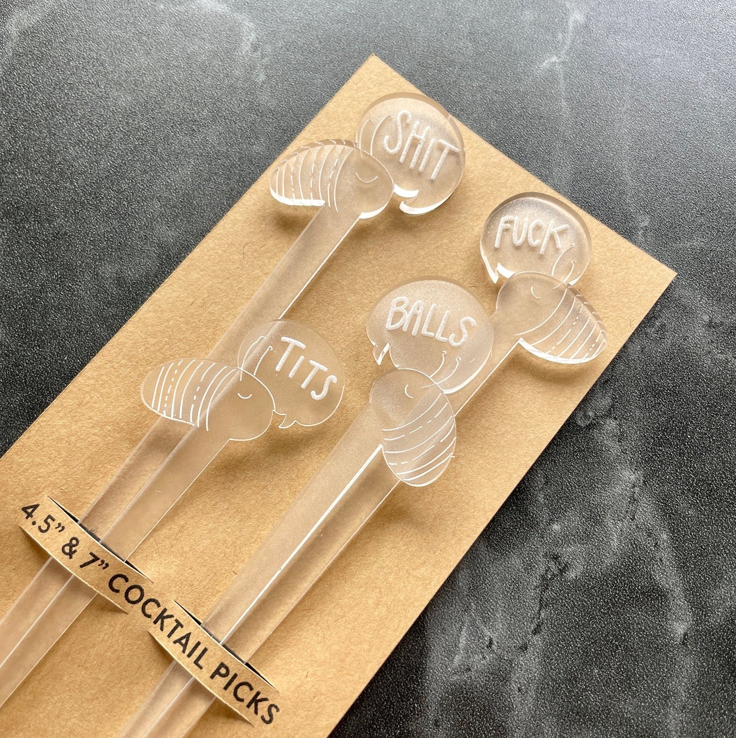 Cocktail Picks - Cursing caterpillars Set of 4 - frosted laser cut acrylic - by LeeMo Designs in Bend, Oregon