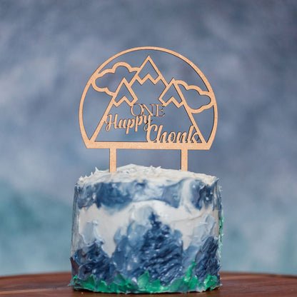 Personalized Laser Cut Cake Toppers by LeeMo Designs in Bend, Oregon | 'One Happy Chonk' in clear-coated wood